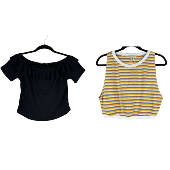 Zara Crop Top Bundle Of 2 Ruffle Black & Multicolor Striped Size Large - Picture 1 of 7
